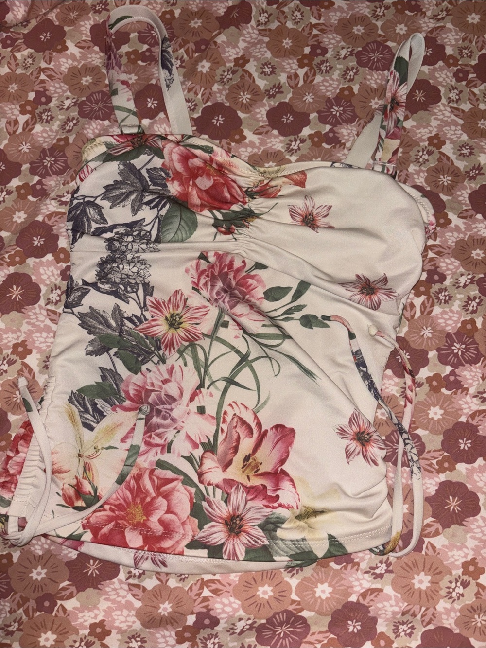 Rey Swimwear Floral Print Women's Tankini Swim Top - White with Pink Floral